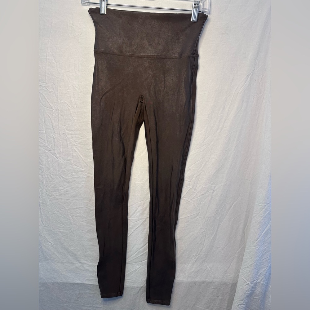 SPANX Faux Leather Look Leggings Brown High Rise Shaping Pull On Size M